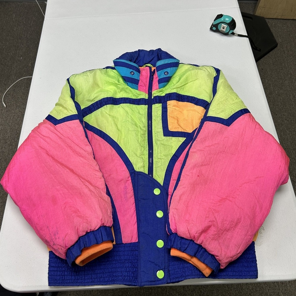East West Puffer Jacket Womens S Multi Colorblock Neon Vintage 80s 90s Ski Coat